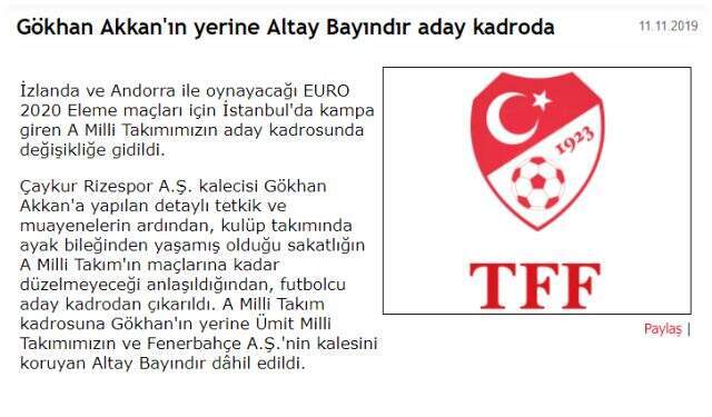 Milli Takıma, Gökhan Akkan'ın yerine Altay Bayındır çağrıldı! Milli Takıma, Gökhan Akkan'ın yerine Altay Bayındır çağrıldı!