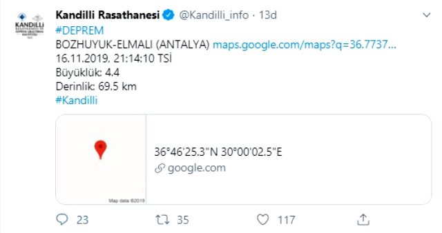 Antalya'da 4,4 büyüklüğünde deprem meydana geldi