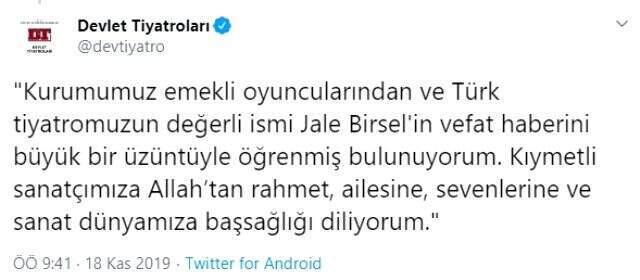 Dün akşam vefat eden Yıldız Kenter'in sınıf arkadaşı tiyatrocu Jale Birsel de hayatını kaybetti