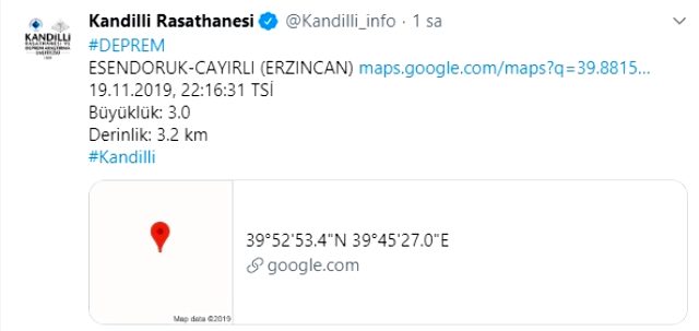 Erzincan'da 3,1 büyüklüğünde meydana geldi