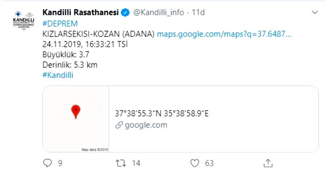 Adana'da 4,0 büyüklüğünde deprem meydana geldi