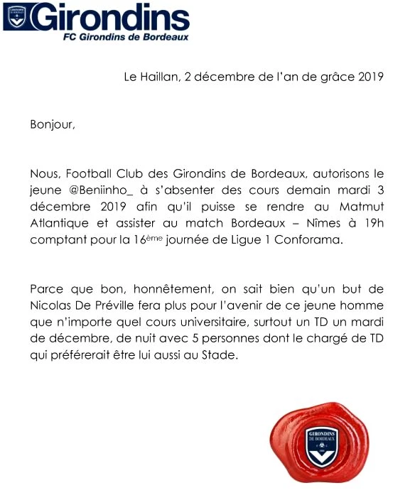 Bordeaux, maça gelmek isteyen taraftar için okuluna izin mektubu gönderdi