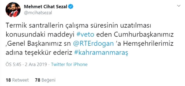 Termik santral teklifine kabul oyu veren 3 vekil yasayı veto eden Erdoğan'a teşekkür etti