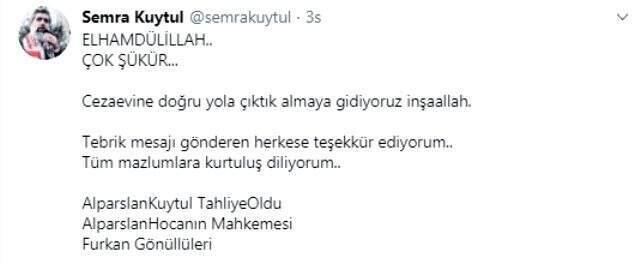 Tahliye edilen Alparslan Kuytul'un eşinden açıklama: Tüm mazlumlara kurtuluş diliyorum