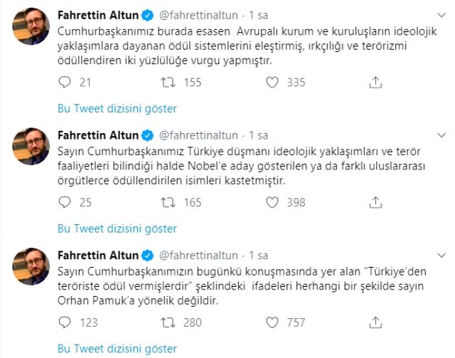 İletişim Başkanı Fahrettin Altun: Cumhurbaşkanı Erdoğan'ın sözleri Orhan Pamuk'la alakalı değil