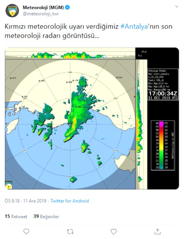 Kırmızı uyarı verilen Antalya'nın son meteoroloji radarı görüntüsü paylaşıldı