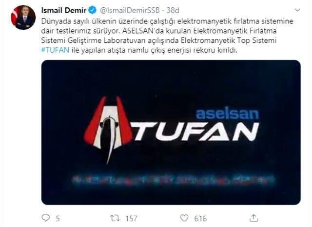 Yerli Elektromanyetik Top Sistemi TUFAN rekor kırdı