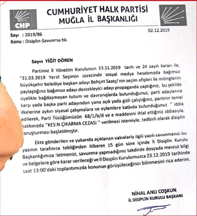 CHP, partiden istifa eden ünlü oyuncu Yiğit Dören'den ihraç istemiyle savunma istedi