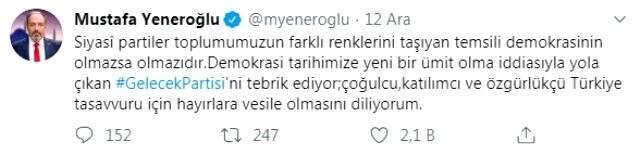 Erdoğan'ın çağrısı üzerine AK Parti'den istifa eden Yeneroğlu, Babacan'ın partisinde yer alacak