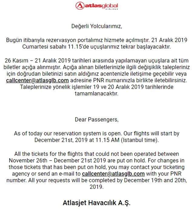 'Atlas Global Havayolları, 21 Aralık 2019 Cumartesi sabahı uçuşlara tekrar başlayacağını duyurdu.' Atlas Global Havayolları, 21 Aralık'ta uçuşlara yeniden başlayacağını açıkladı
