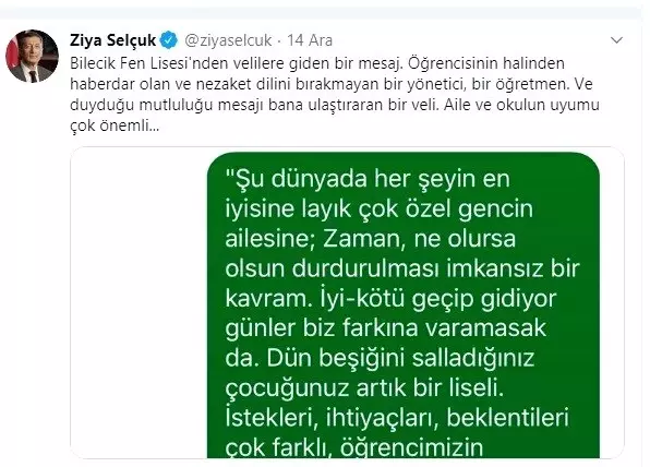 Bakan Selçuk, okul müdürünün velilere gönderdiği mesajı paylaştı