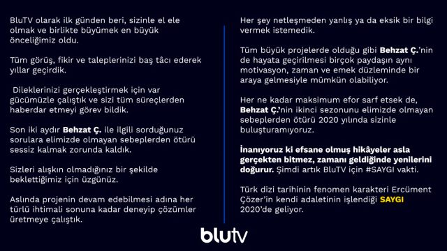 BluTV'den Behzat Ç. açıklaması: 2020 projeleri arasında yer almıyor