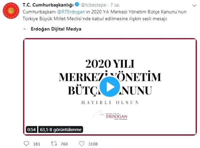 Cumhurbaşkanı Erdoğan'dan 2020 bütçesinin kabul edilmesine ilk yorum Cumhurbaşkanı Erdoğan'dan 2020 bütçesine ilk yorum: Hayırlı uğurlu olmasını diliyorum