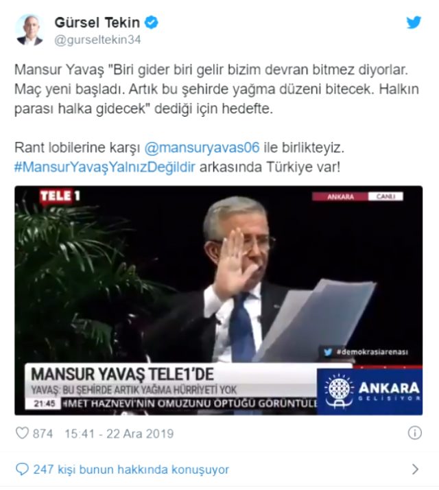 Sinan Aygün'ün rüşvet iddialarının ardından sosyal medyada Mansur Yavaş'a destek mesajları yağdı