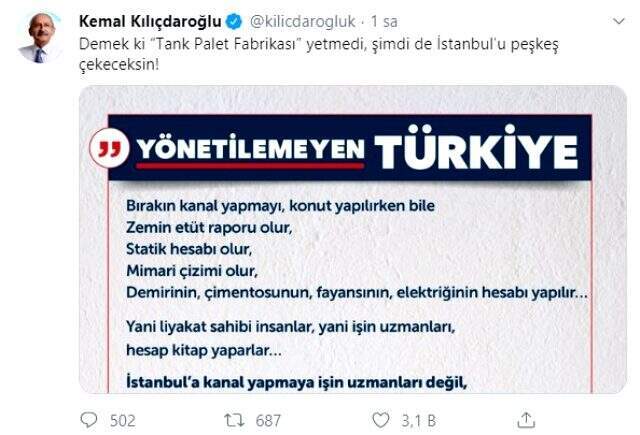 CHP Lideri Kılıçdaroğlu'ndan Kanal İstanbul paylaşımı CHP Lideri Kılıçdaroğlu'ndan Kanal İstanbul paylaşımı