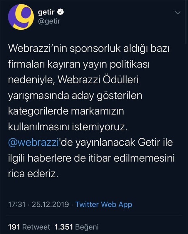 Getir'den Şok Webrazzi Ödülleri Açıklaması