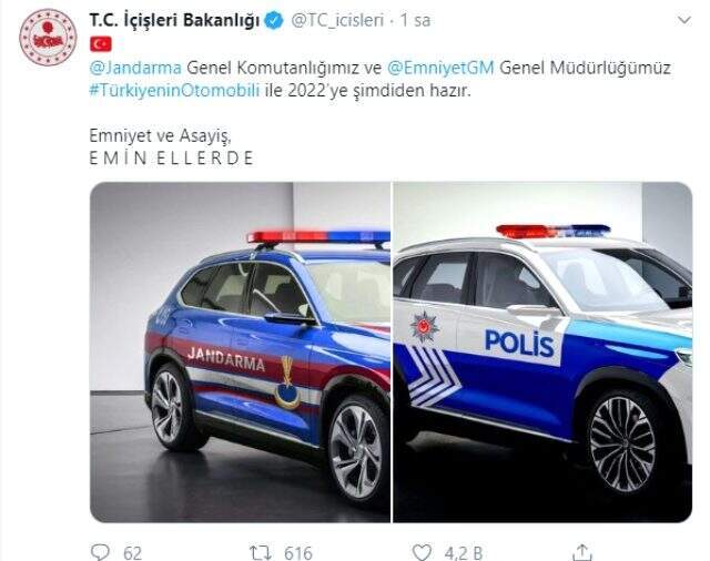 İçişleri Bakanlığı'dan 'yerli otomobil' paylaşımı: Türkiye'nin otomobili şimdiden 2022'ye hazır İçişleri Bakanlığı'dan 'yerli otomobil' paylaşımı: Türkiye'nin otomobili ile şimdiden 2022'ye hazırız