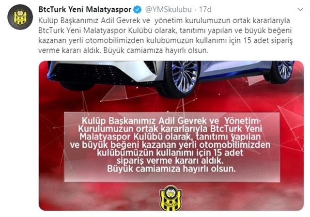 Yeni Malatyaspor 15 yerli otomobil siparişi verdi