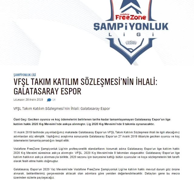 Galatasaray e-spor takımı, Vodafone Free Zone Şampiyonluk Ligi'nden ihraç edildi
