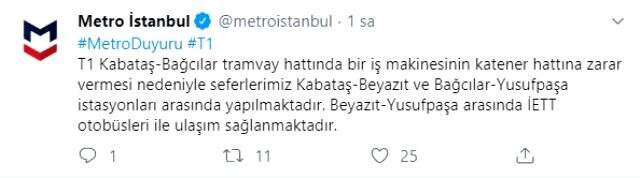 Kabataş-Bağcılar tramvay hattının ketener teli zarar gördü, seferler aksadı Kabataş-Bağcılar tramvay hattında seferler normale döndü