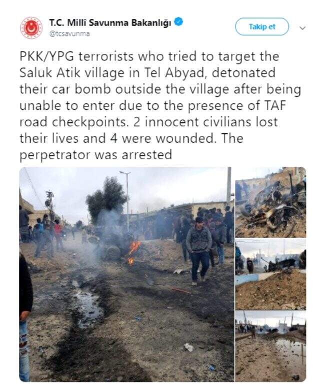MSB: Tel Abyad'da teröristlerin bombalı araç saldırısı sonucu 2 sivil hayatını kaybetti, 4 sivil yaralandı MSB: Tel Abyad'da teröristlerin bombalı araç saldırısı sonucu 2 sivil hayatını kaybetti, 4 sivil yaralandı