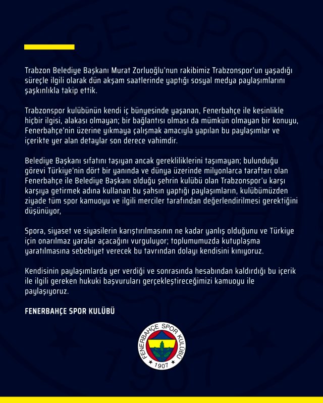 Fenerbahçe'den, Trabzon Büyükşehir Belediye Başkanı hakkında sert açıklama!