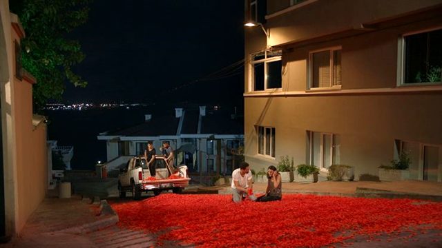 Film sahnesi olay oldu! Onur Tuna'dan Tuvana Türkay'a 100 bin gül yaprağı ile evlilik teklifi