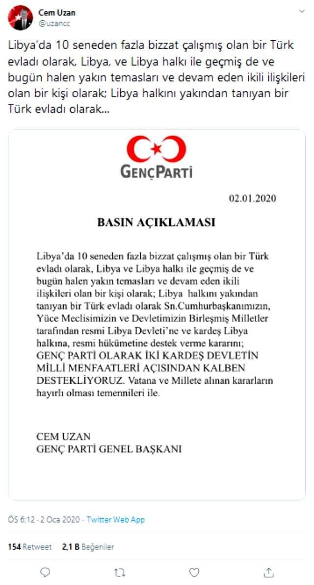 Genç Parti adına konuşan Cem Uzan, Libya tezkeresine destek verdi