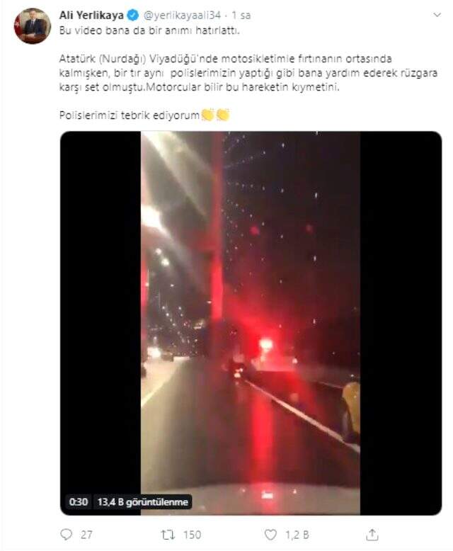Rüzgarda motosikletliye araçlarıyla set olan polislere Vali Yerlikaya'dan tebrik
