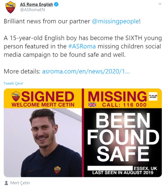 Roma, milli futbolcu Mert Çetin sayesinde bir kayıp çocuğa daha ulaştı