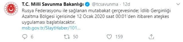 Son dakika: MSB'den İdlib açıklaması: 12 Ocak saat 00.01'den itibaren ateşkes uygulanacak