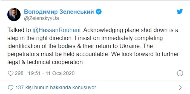 Ruhani, düşürülen yolcu uçağı nedeniyle Ukrayna'dan özür diledi