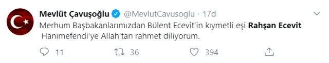 Rahşan Ecevit'in vefatı sonrası siyaset dünyasından taziye mesajları yağdı