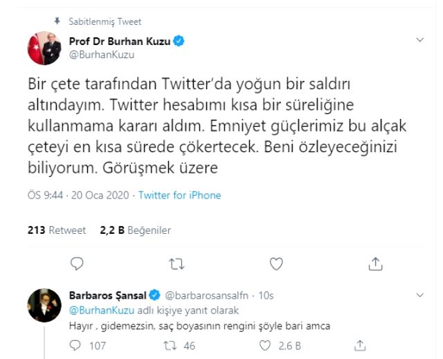 Barbaros Şansal'ın, Twitter'ı kullanmama kararı alan Burhan Kuzu'nun paylaşımına yaptığı yorum olay oldu
