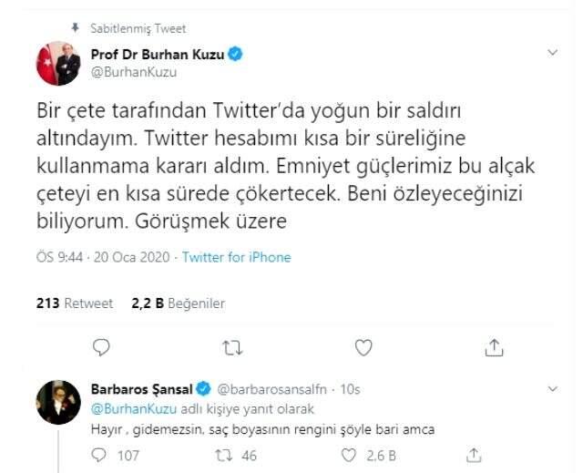 Barbaros Şansal'ın, Twitter'ı kullanmama kararı alan Burhan Kuzu'nun paylaşımına yaptığı yorum olay oldu