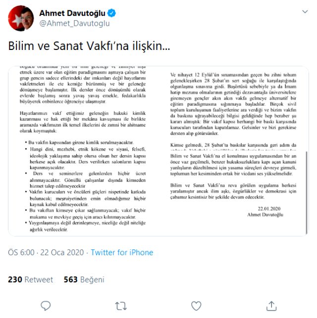 Davutoğlu'ndan Bilim ve Sanat Vakfı'na kayyum atanmasıyla ilgili ilk açıklama