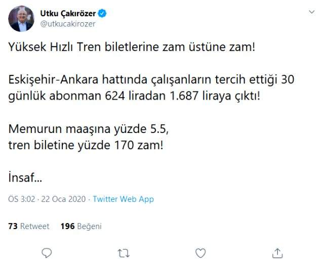 Yüksek Hızlı Tren biletlerine zam yapıldı