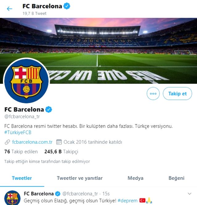 Barcelona'nın resmi hesabından Elazığ paylaşımı: Geçmiş olsun