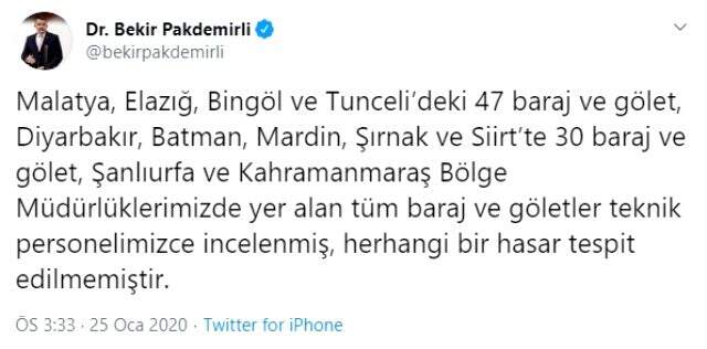 Deprem bölgesindeki baraj ve göletlerde hasar tespit edilmedi