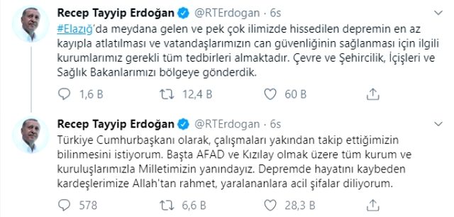 Son Dakika: Deprem sonrası Erdoğan'dan ilk açıklama: 3 bakanımızı bölgeye gönderdik