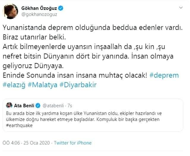 Yunanistan'ın Elazığ depreminde yardımcı olduğunu öğrenen Gökhan Özoğuz'dan dikkat çeken sözler