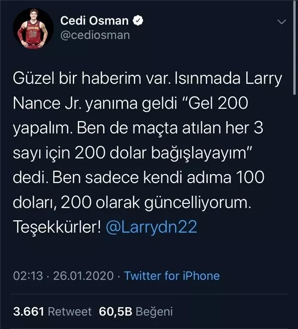 Cedi Osman'ın Başlattığı Yardım Kampanyasına Çok Sayıda İsim Katıldı