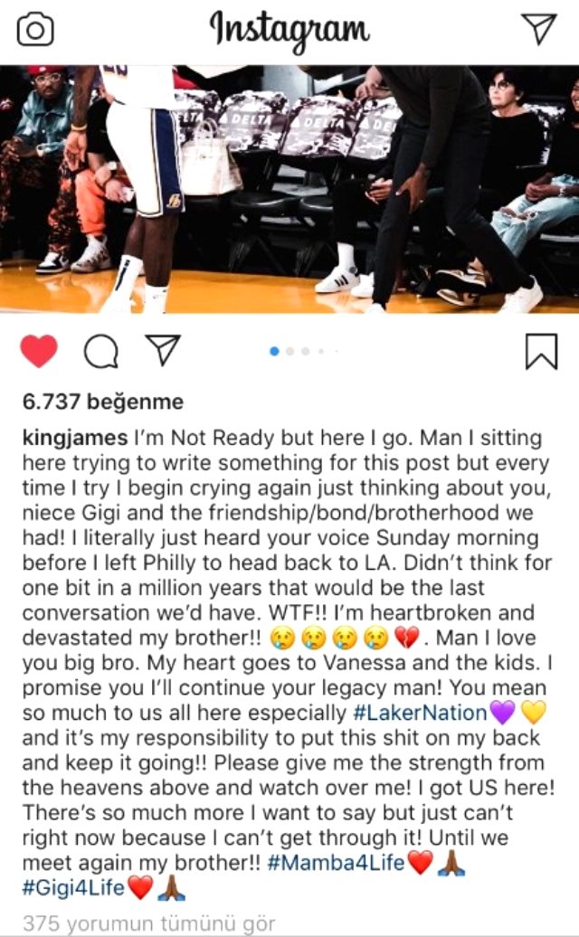 LeBron James'ten Kobe Bryant'a duygu yüklü mektup: Tekrar buluşacağız kardeşim