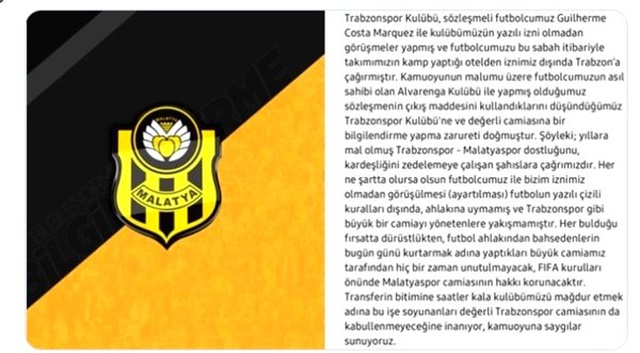 Yeni Malatyaspor'dan Guilherme ve Trabzonspor açıklaması