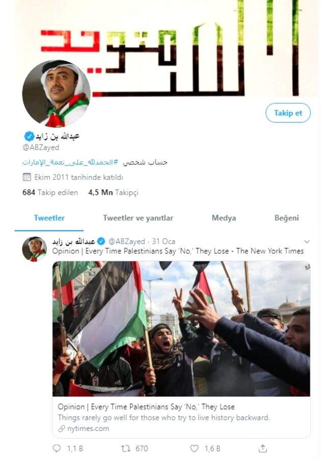 BAE Dışişleri Bakanı bin Zayid'den 'Yüzyılın Anlaşması' planını destekleyici paylaşım! BAE Dışişleri Bakanı bin Zayid'den 'Yüzyılın Anlaşması' planını destekleyici paylaşım!