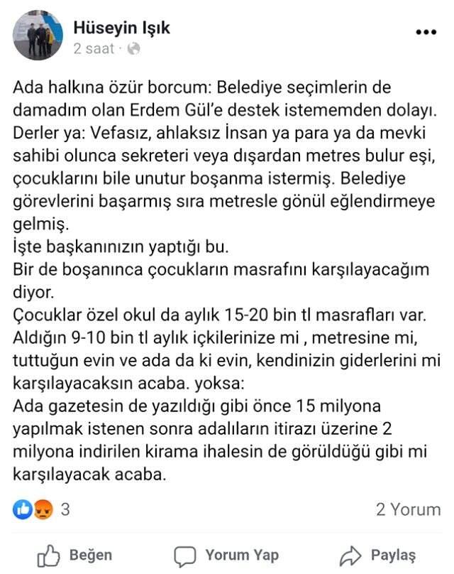 Kayınpederi, Adalar Belediye Başkanı Erdem Gül'ün metresi olduğunu iddia etti