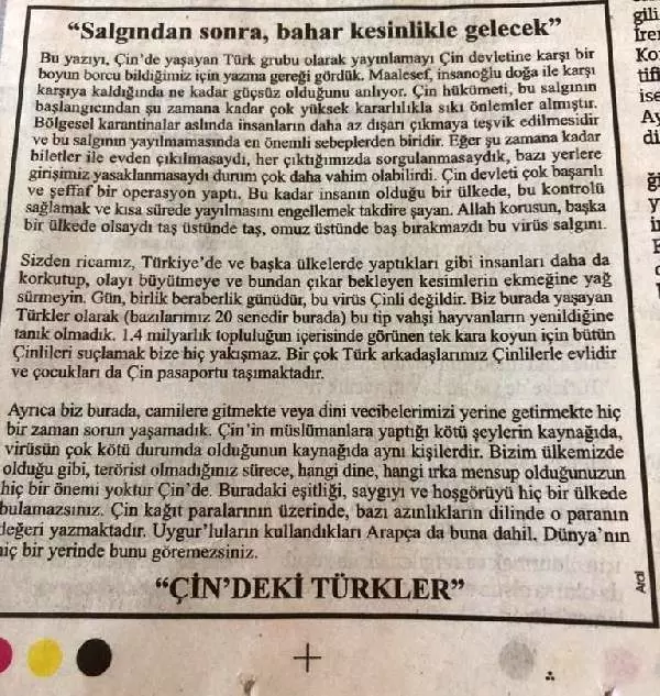 Çin'deki Türklerden gazeteye koronavirüs ilanı: Korkuyu büyütmeyin