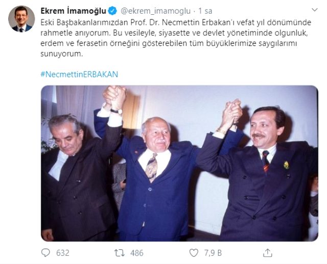 İmamoğlu, Erbakan'ın ölüm yıl dönümü için paylaştığı fotoğraf ve mesajla iktidara gönderme yaptı