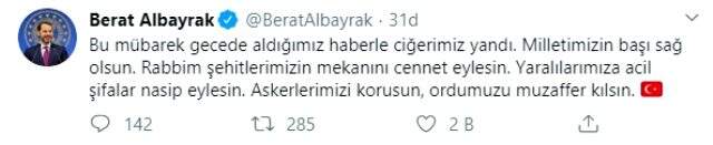 Bakan Albayrak'tan şehitler için taziye mesajı Hazine ve Maliye Bakanı Berat Albayrak'tan İdlib şehitleri için taziye mesajı