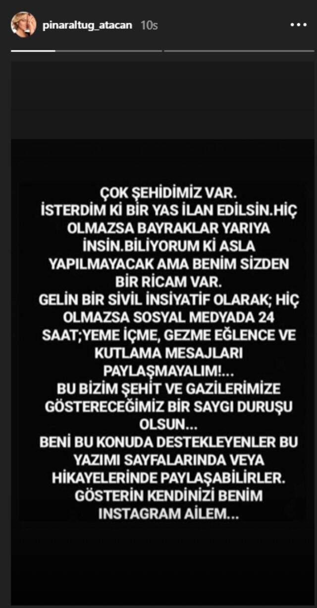 Pınar Altuğ'dan 34 şehidimiz için takipçilerine çağrı: Yeme, içme, kutlama paylaşımları yapmayalım